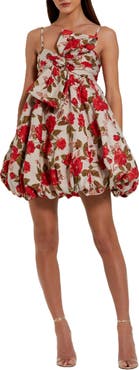 Mac Duggal Brocade Thin Strap Puff Mini Dress With Bow