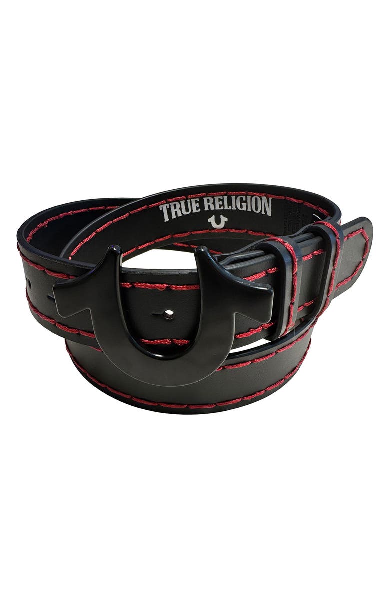True Religion Lucky Break Horseshoe Buckle Leather Belt, Main, color, Black/ Red