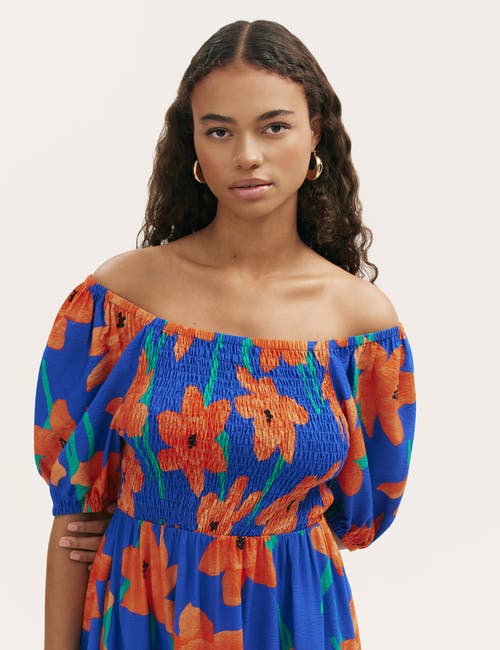 Finery London Enzo Short Sleeve Floral Midi Dress In Blue