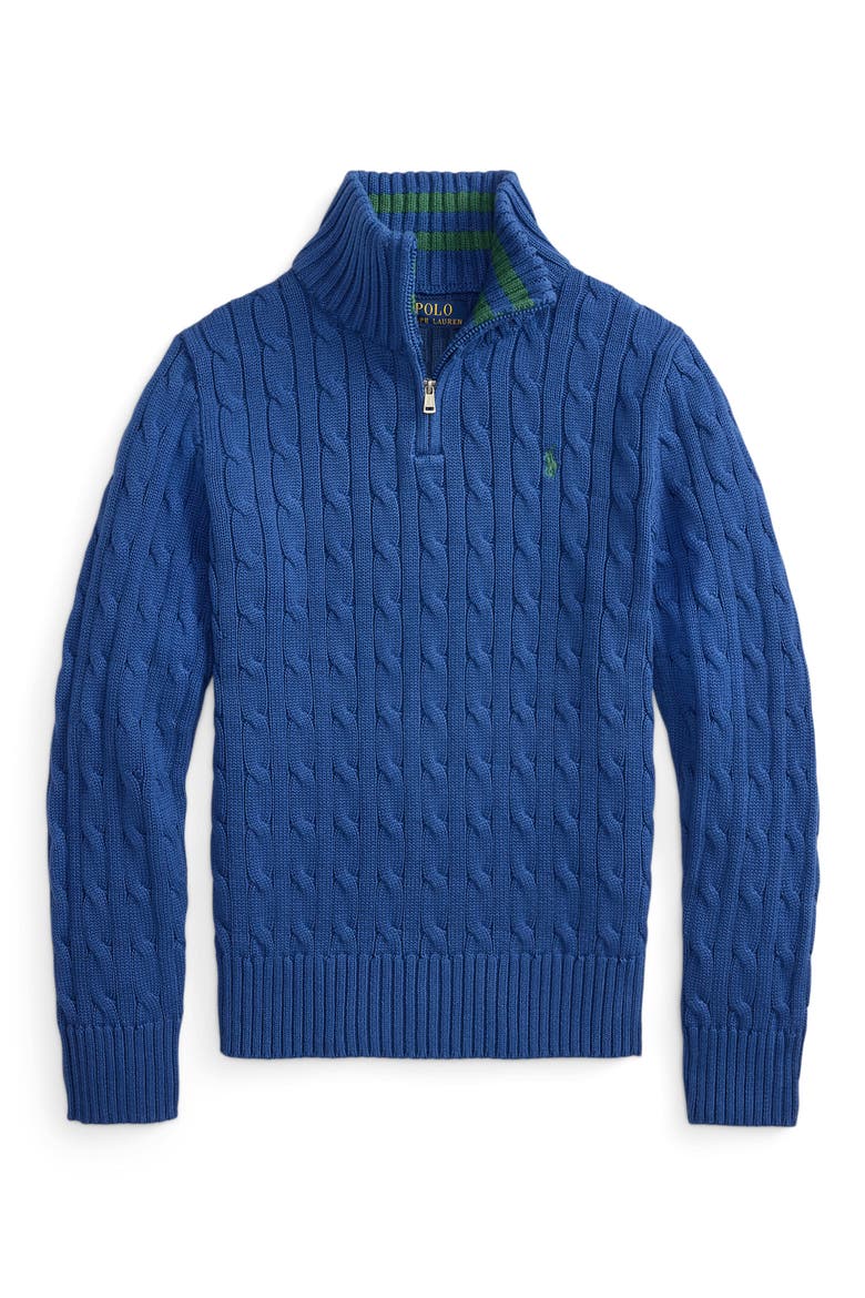 Kids' Cotton Cable Knit Quarter Zip Sweater, Main, color, DUSTY AZURE/ C5964