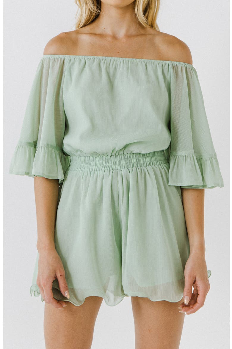 Off the Shoulder Ruffle Sleeve Romper, Alternate, color, MINT