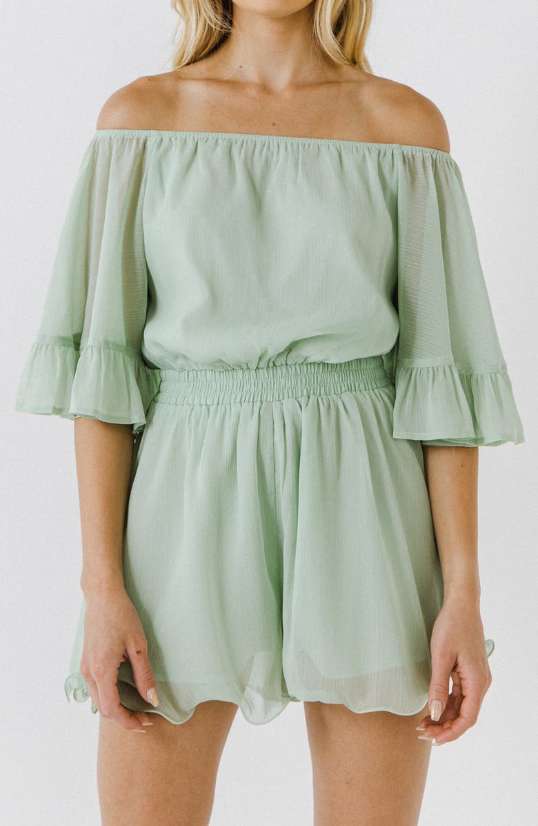 Endless Rose Off the Shoulder Ruffle Sleeve Romper, Alternate, color, Mint