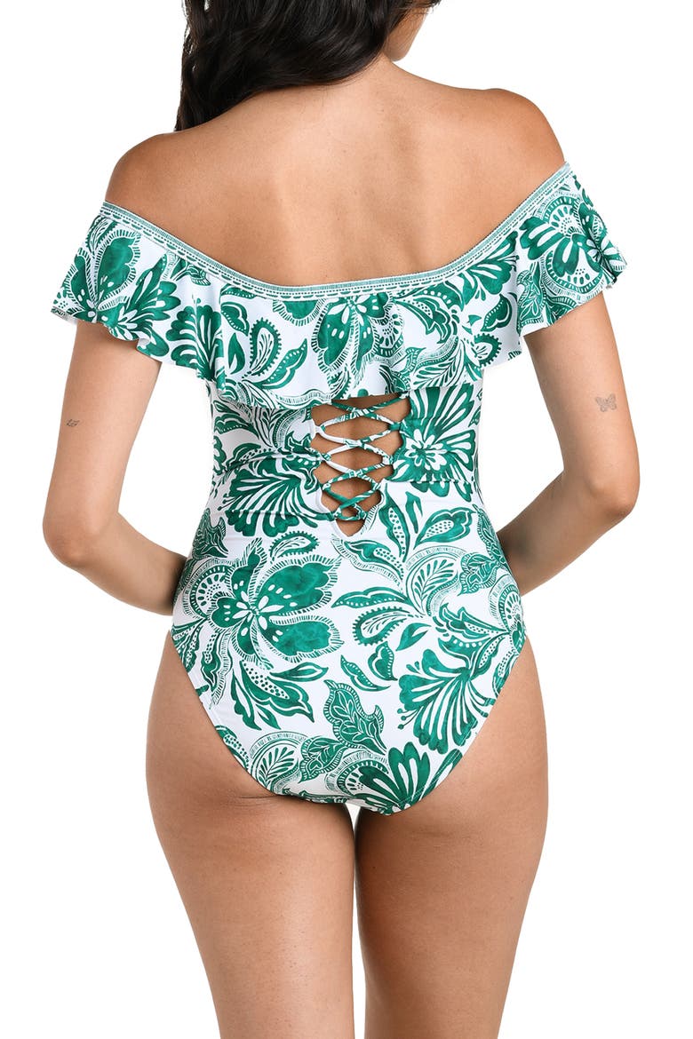 Botanical Brocade Ruffle Off the Shoulder One-Piece Swimsuit, Alternate, color, JUNGLE