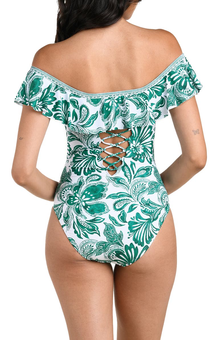 La Blanca Botanical Brocade Ruffle Off the Shoulder One-Piece Swimsuit, Alternate, color, Jungle