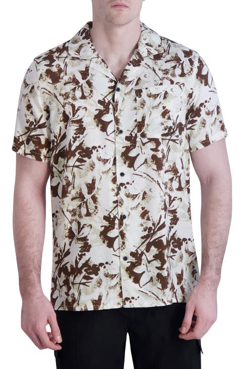 Leaf Print Short Sleeve Button-Up Shirt