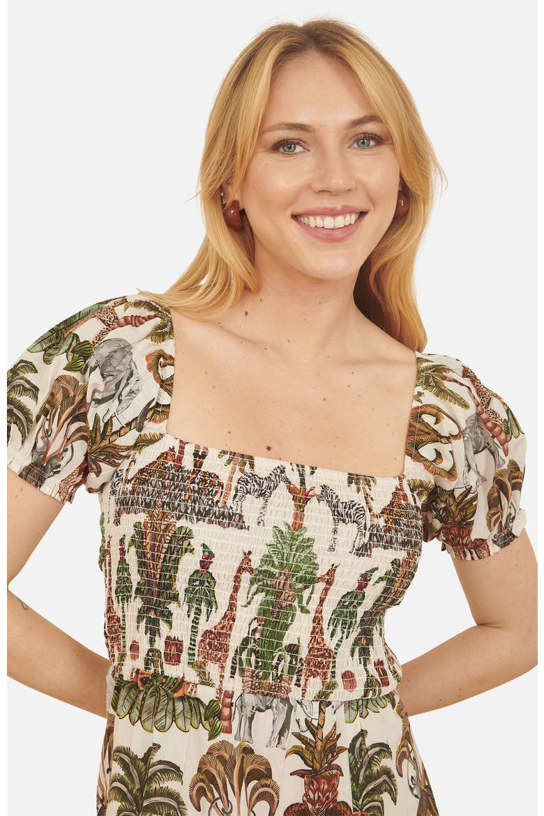 Cotton Safari Print Ruched Midi Dress, Alternate, color, Multi