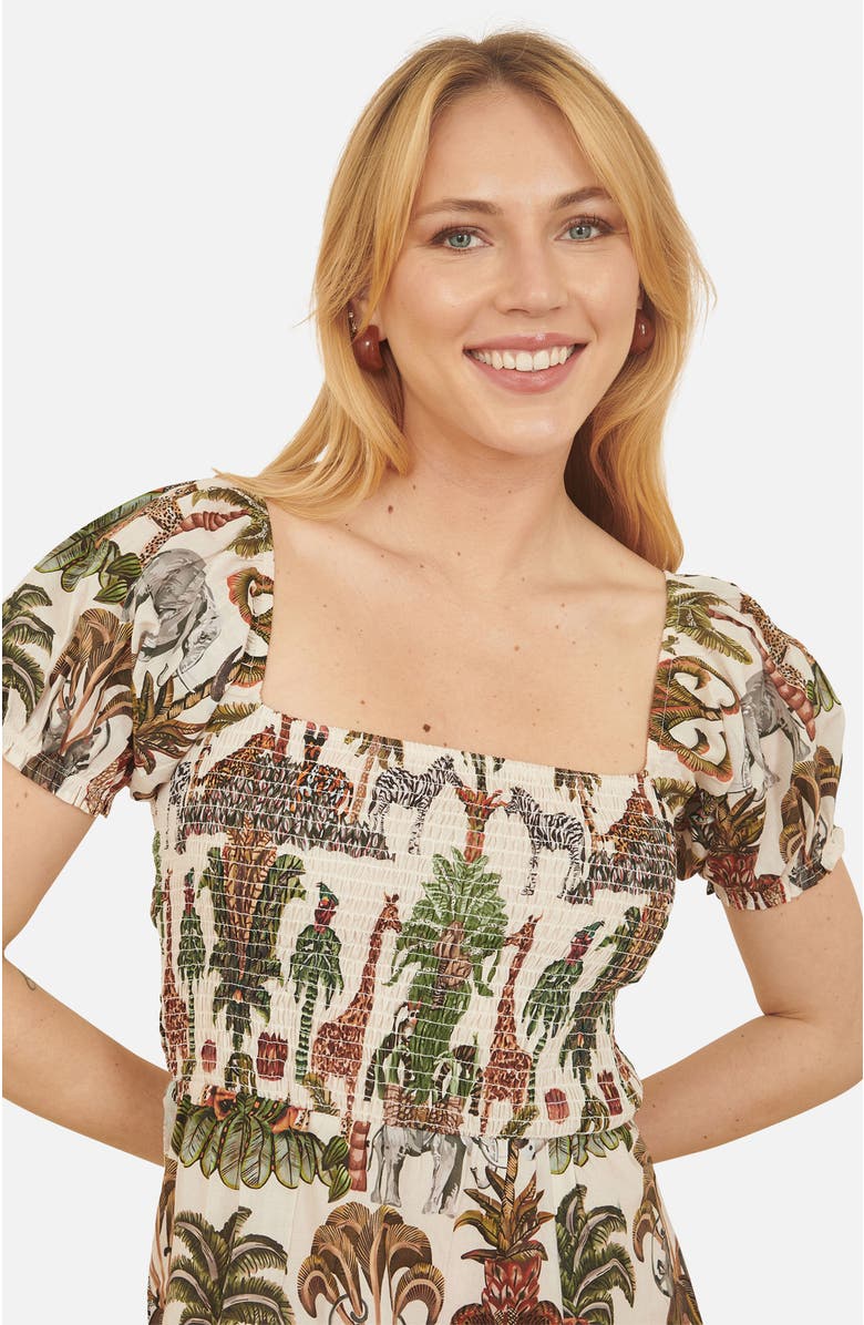 Yumi Cotton Safari Print Ruched Midi Dress, Alternate, color, Multi