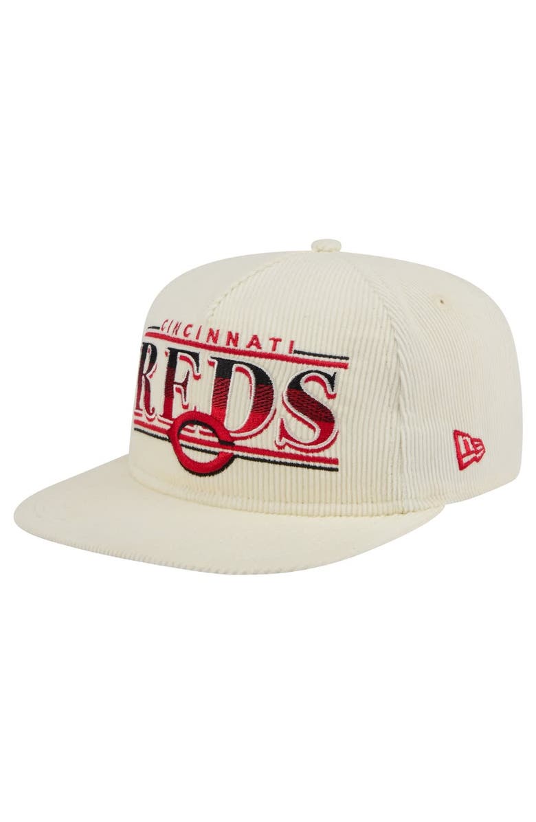 New Era Men's New Era Cream Cincinnati Reds Throwback Bar Golfer Corduroy Snapback Hat, Main, color, 