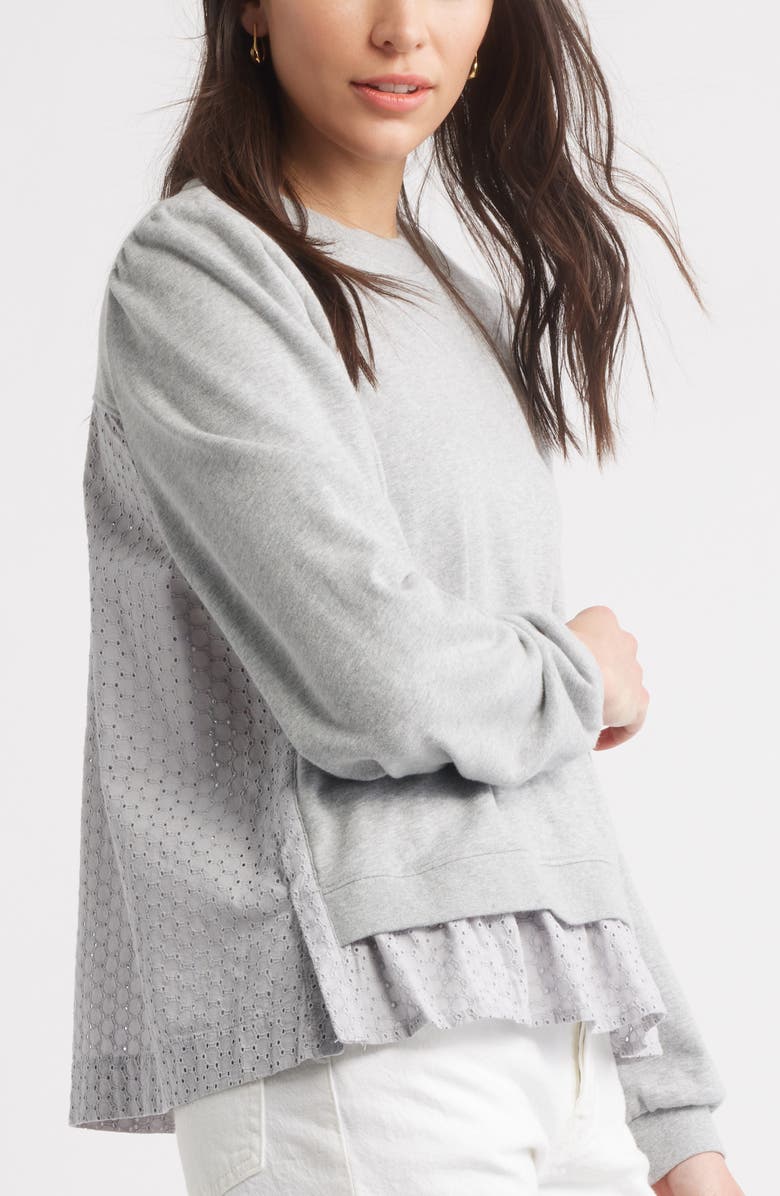 Caslon<sup>®</sup> Puff Shoulder Mixed Media Sweatshirt, Alternate, color, Grey Heather