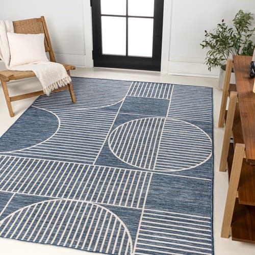 Jonathan Y Arielle Mid-century Modern Geometric Lines Reversible Machine-washable Indoor/outdoor Are In Navy/cream