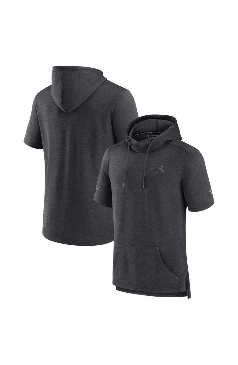 FANATICS Men's Fanatics Branded Heather Charcoal San Jose Sharks Authentic Pro Road Performance Short Sleeve Pullover Hoodie, Main, color,