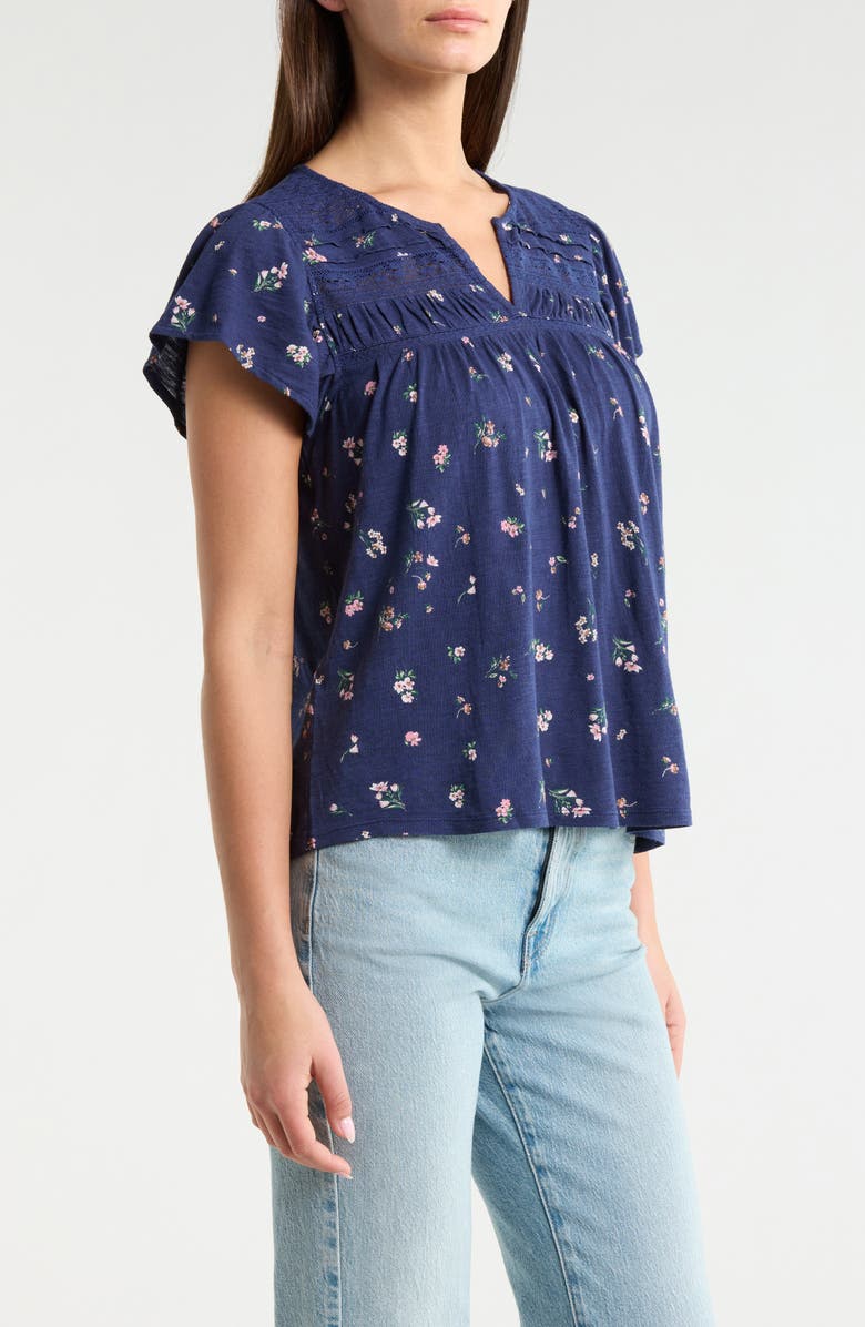 Lucky Brand Floral Flutter Sleeve Cotton Blend Top, Alternate, color, Navy Floral