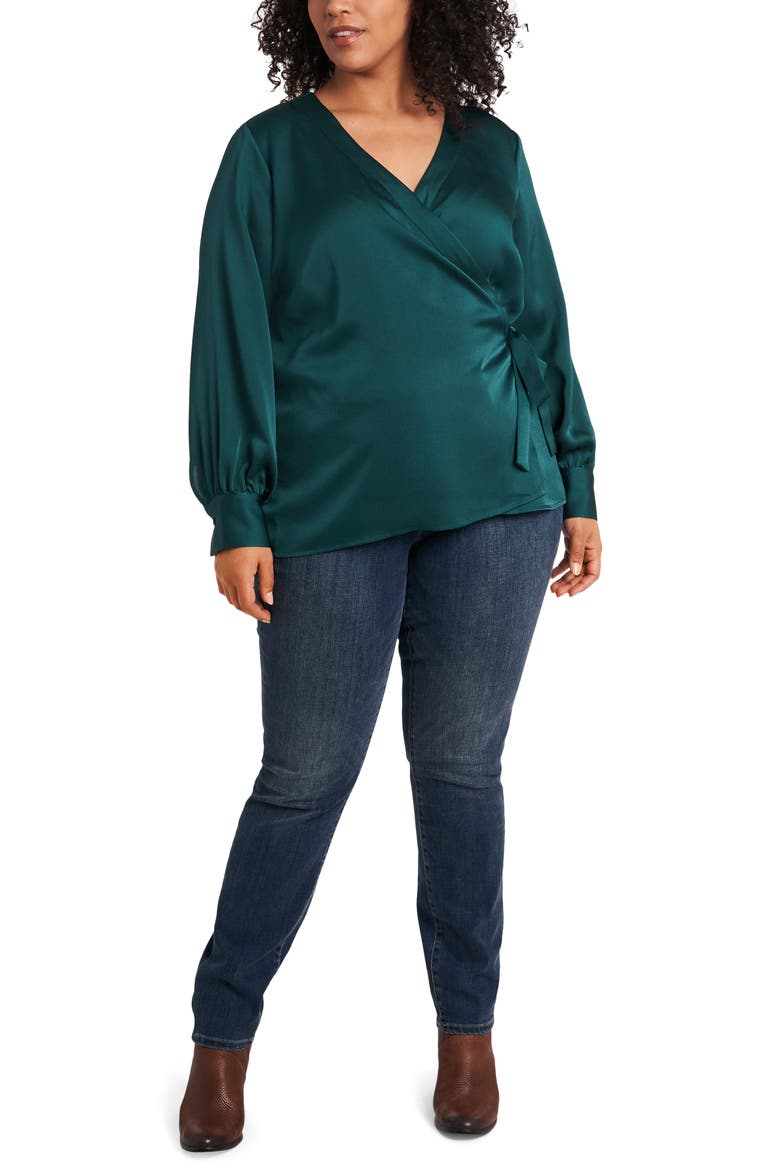 Wrap Front Long Sleeve Blouse, Alternate, color, DEEP EVERGREEN