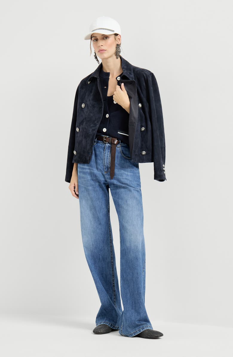 Brunello Cucinelli Couture suede cropped pea coat, Alternate, color, Blue