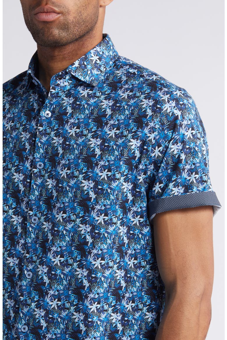 Floral Butterfly Print Short Sleeve Stretch Button-Up Shirt, Alternate, color, NAVY
