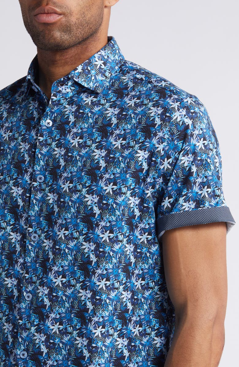 Stone Rose Floral Butterfly Print Short Sleeve Stretch Button-Up Shirt, Alternate, color, 
