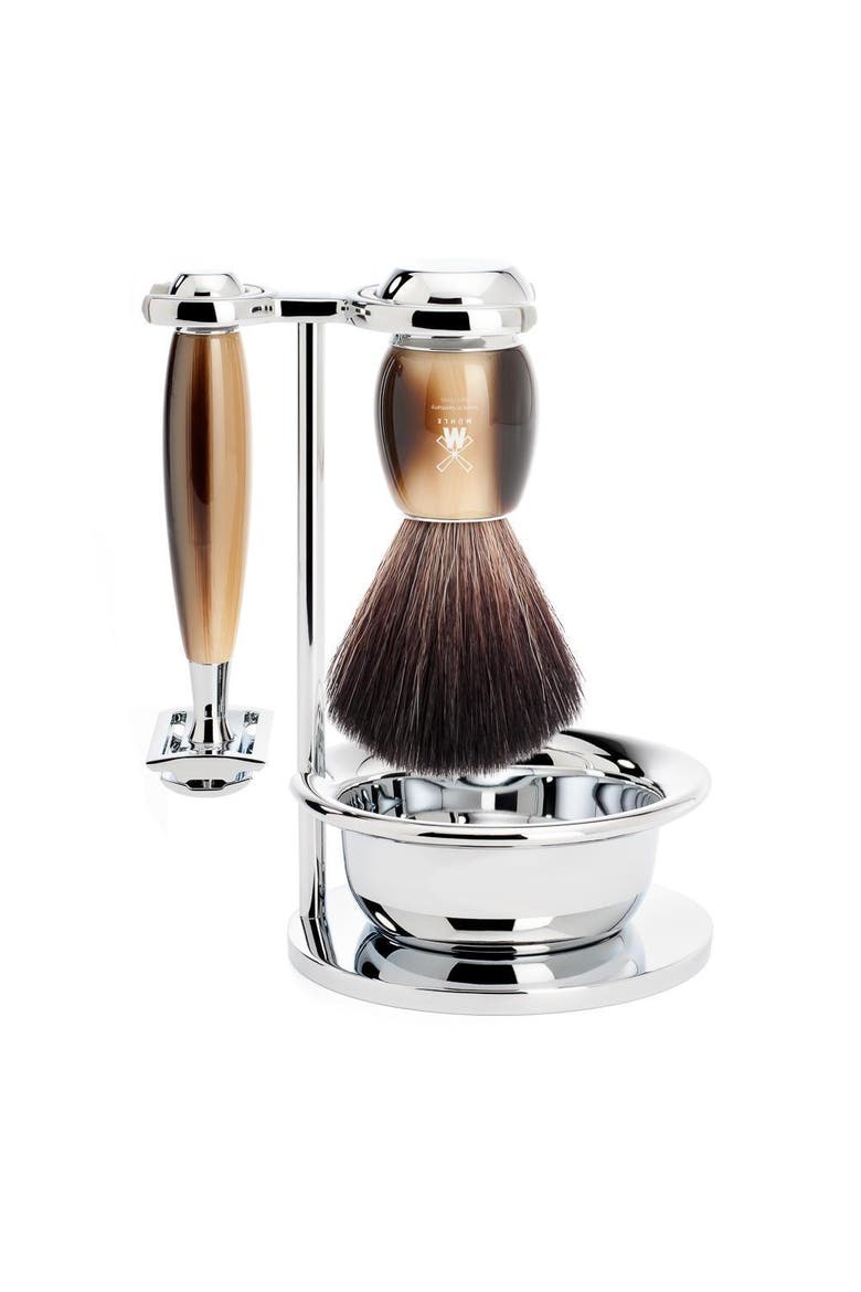 Vivo Brown Horn 4-Piece Black Fiber & Safety Razor Shaving Set, Main, color, Brown Horn