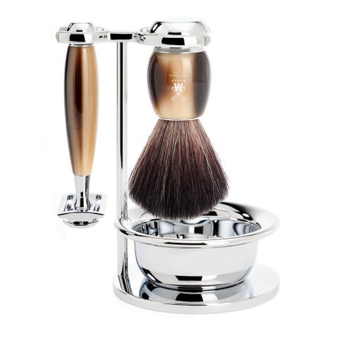 Vivo Brown Horn 4-Piece Black Fiber & Safety Razor Shaving Set