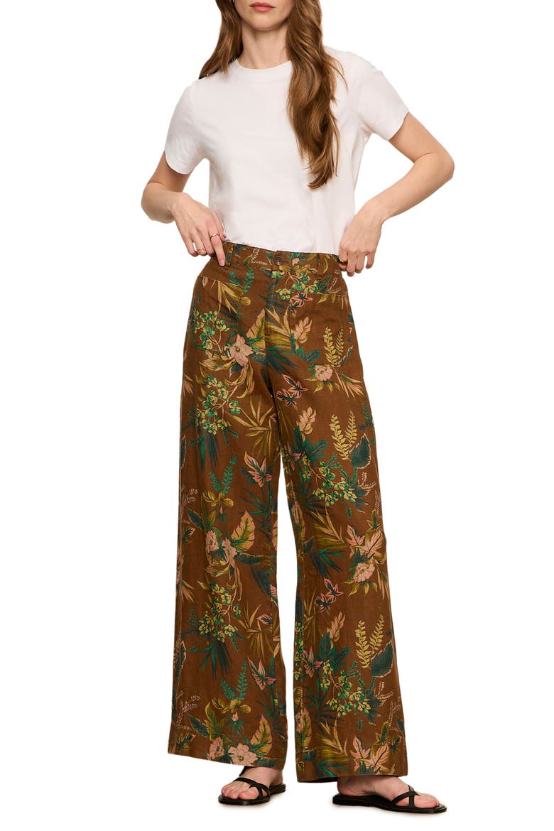 Floral Print Wide Leg Linen Pants, Alternate, color, VINTAGE IVY BROWN