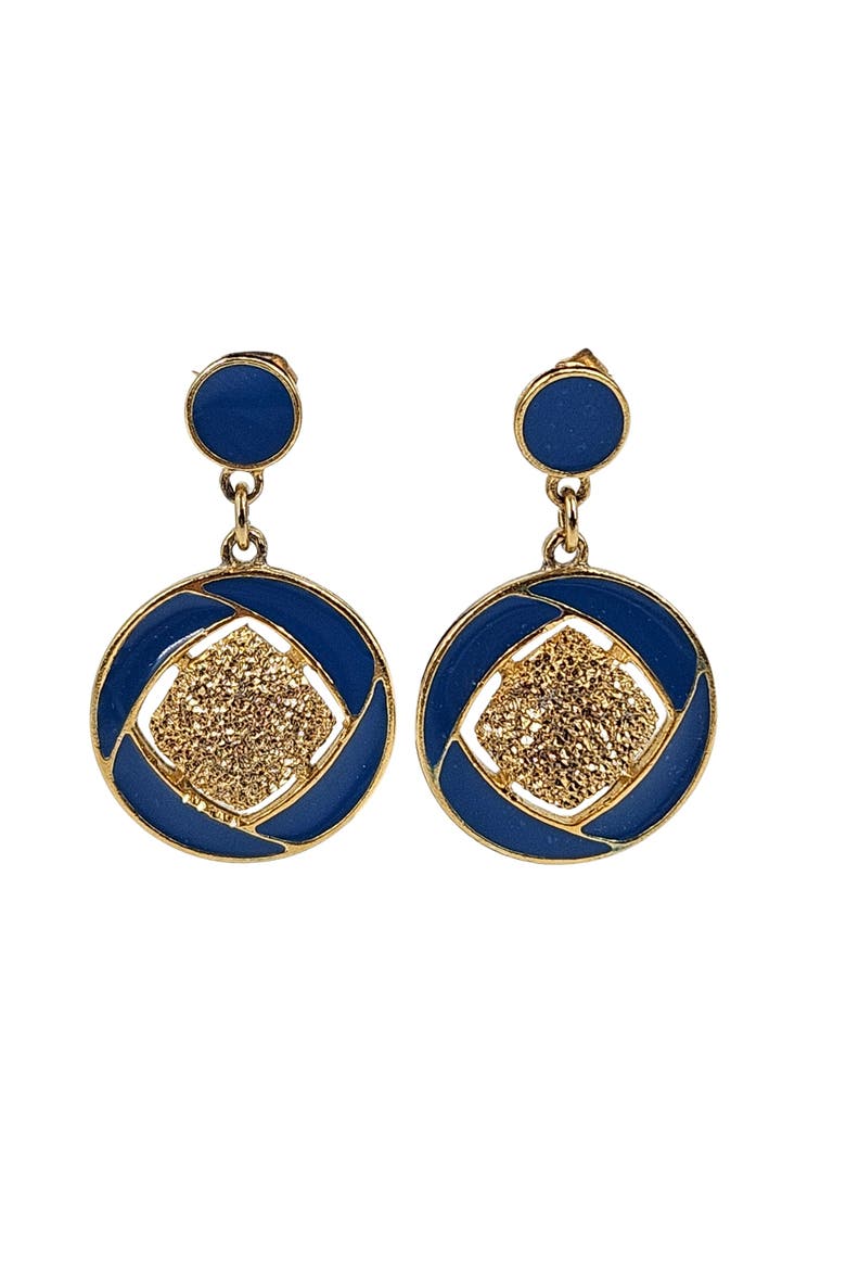 Vintage 1970s Round Blue Enamel Gold Earrings, Main, color, Gold