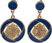 MADISON BEVERLY HILLS Vintage 1970s Round Blue Enamel Gold Earrings