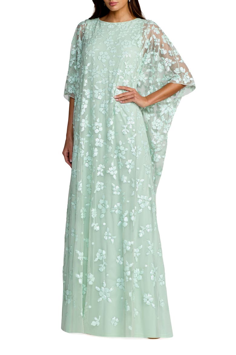 Sequin Floral Cape Sleeve Caftan Gown, Main, color, Seafoam
