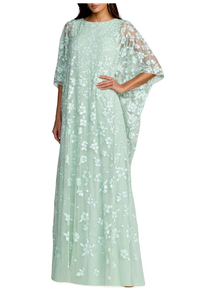 Mac Duggal Sequin Floral Cape Sleeve Caftan Gown, Main, color, Seafoam