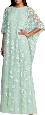 Mac Duggal Sequin Floral Cape Sleeve Caftan Gown