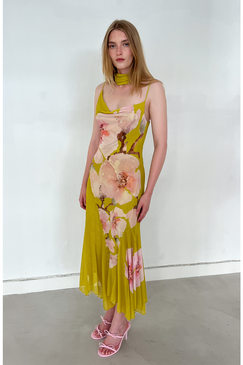 Elaria Floral Printed Mesh Dress, Alternate, color, Chartreuse