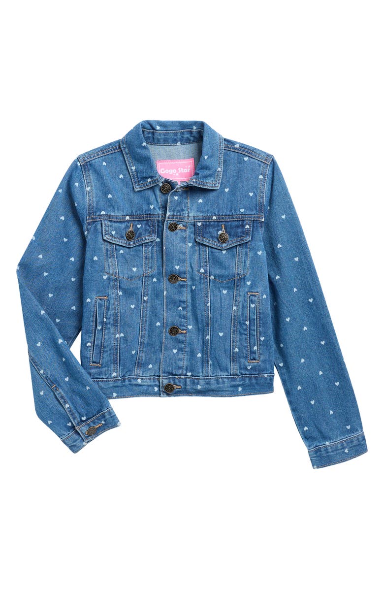 GOGO STAR Kids' Heart Denim Jacket, Main, color, Medium Dark Wash