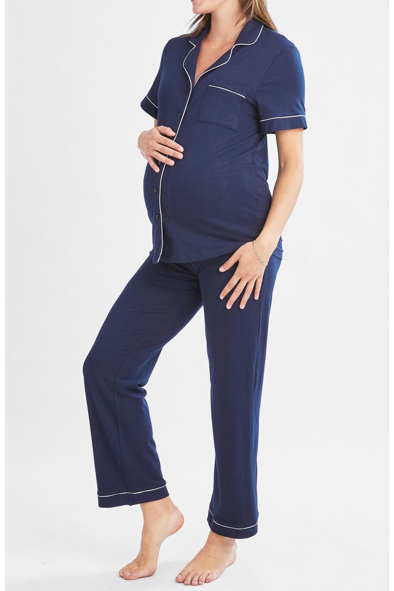 Maternity and Nursing Button Front Pajama Set, Alternate, color, Navy
