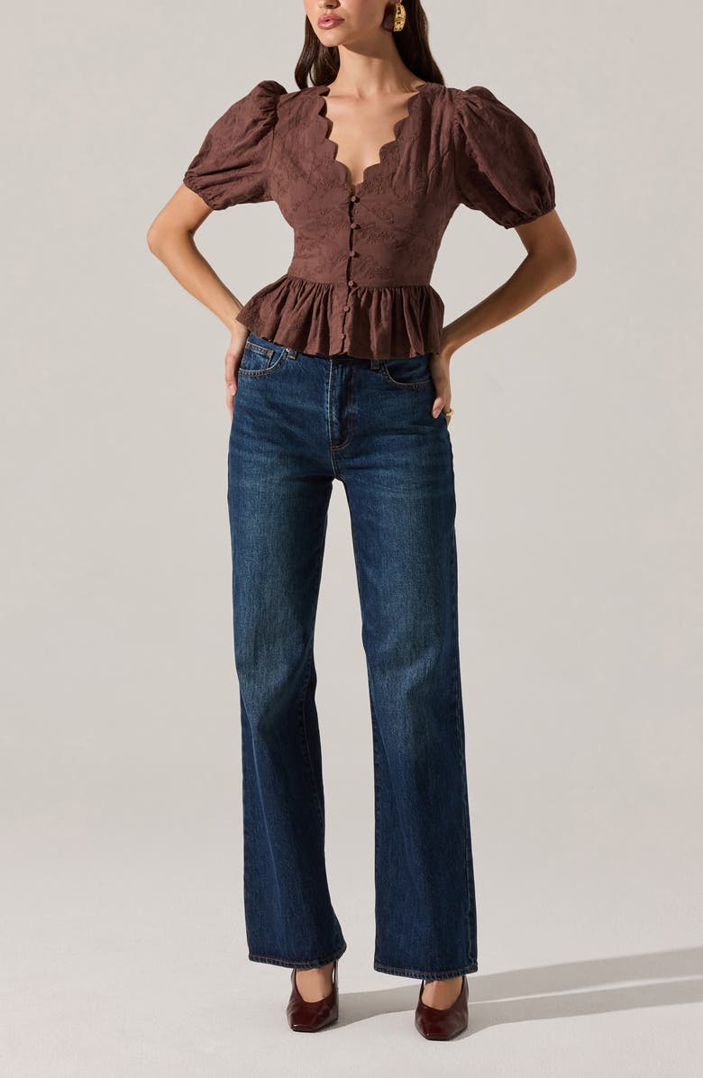 ASTR the Label Arely Embroidered Cotton Button-Up Top, Alternate, color, Brown