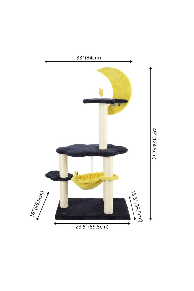Aurora 3-Tier Modern Sisal Moon And Stars Cat Tree with Scratching Posts, Basket, and Fuzzy Bell Toys, Alternate, color, Navy/Yellow/White