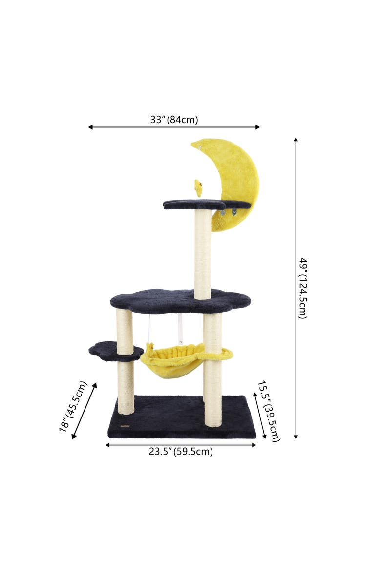 The Licker Store Aurora 3-Tier Modern Sisal Moon And Stars Cat Tree with Scratching Posts, Basket, and Fuzzy Bell Toys, Alternate, color, Navy/Yellow/White