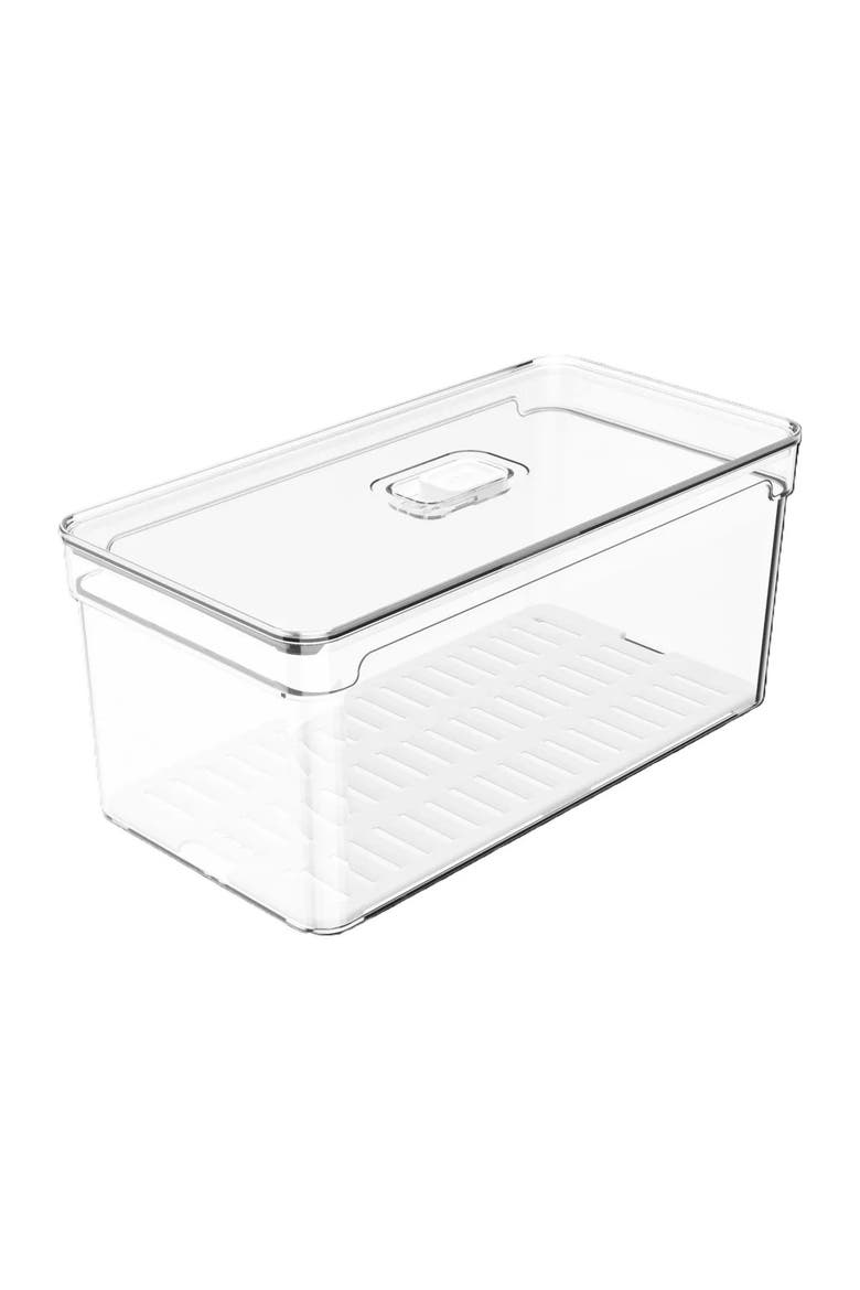 Clear Stackable Fridge Organizer Bin with Drain Tray and Vented Lid, 5.3 Quart Capacity, Main, color, Clear with White Drainer