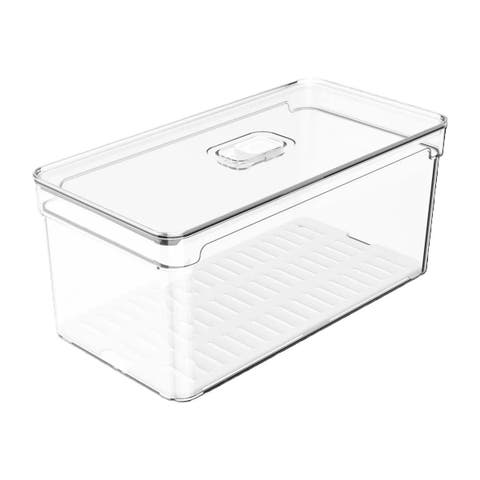Clear Stackable Fridge Organizer Bin with Drain Tray and Vented Lid, 5.3 Quart Capacity