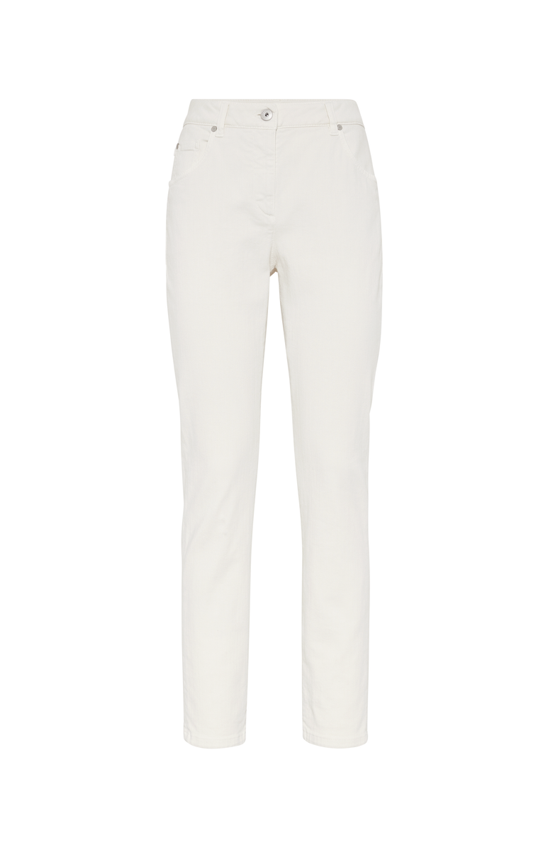Brunello Cucinelli Stretch dyed denim slim trousers with shiny leather tab, Main, color, 