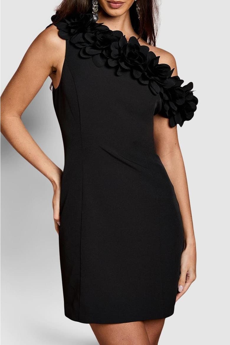 3d Floral One Shoulder Mini Dress, Alternate, color, Black