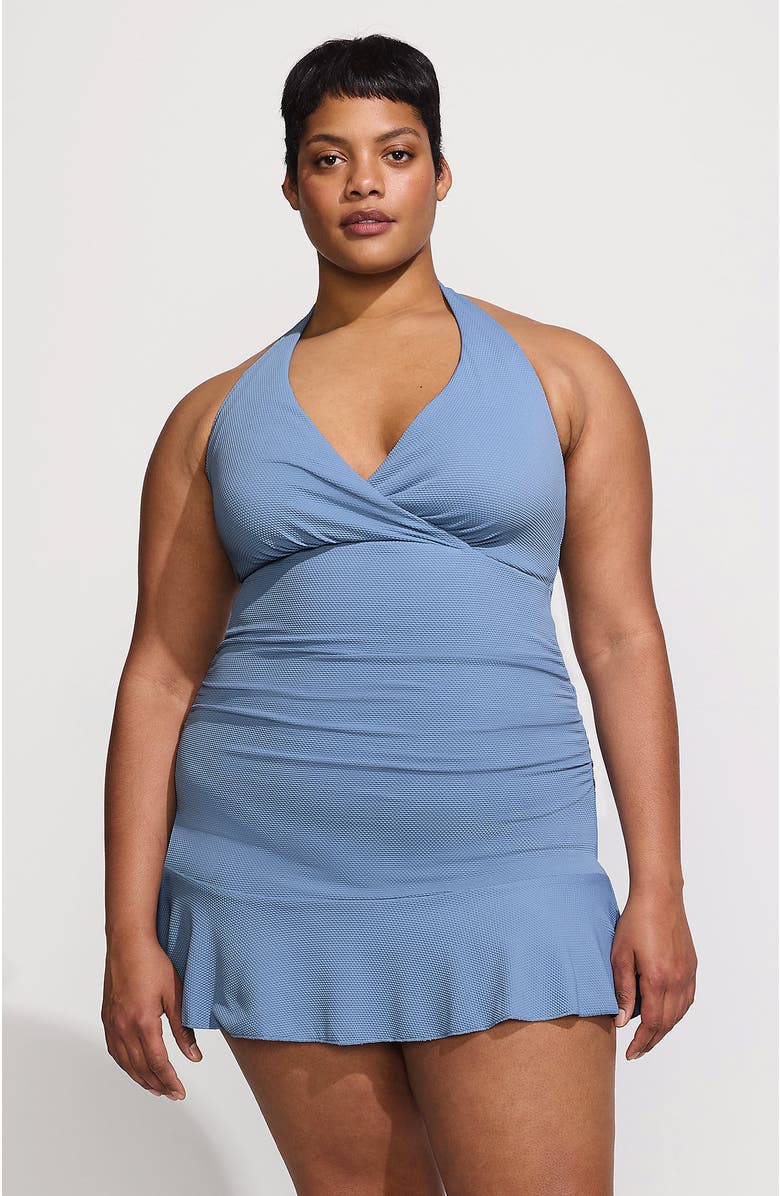 Lands' End Pique Halter Ruffle Hem Mini Swim Dress Swimsuit, Main, color, Dusk Sky