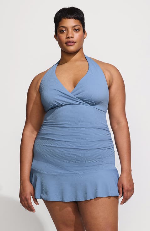 Pique Halter Ruffle Hem Mini Swim Dress Swimsuit