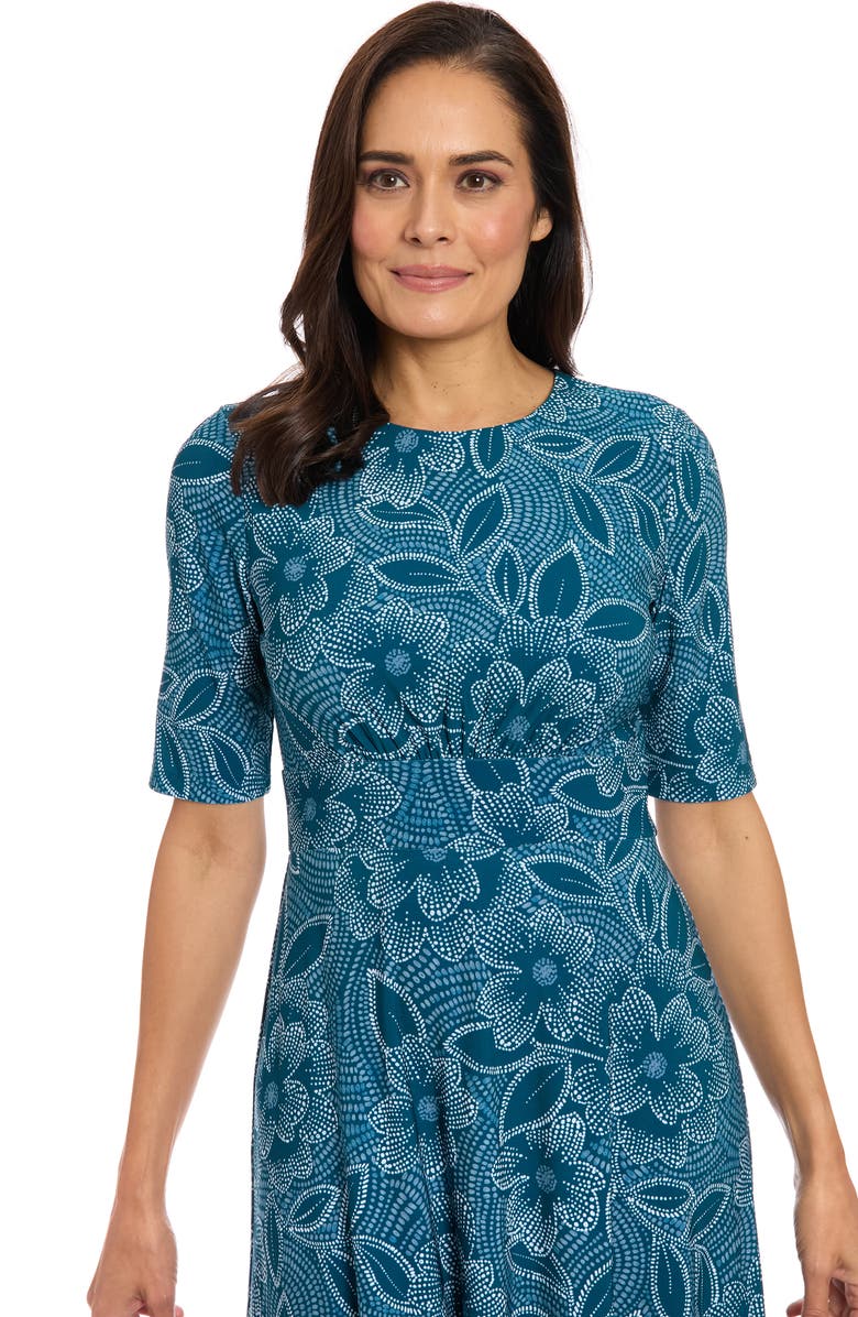 London Times Floral Short Sleeve Inset Waist Midi Dress, Alternate, color, Navy/ Blue