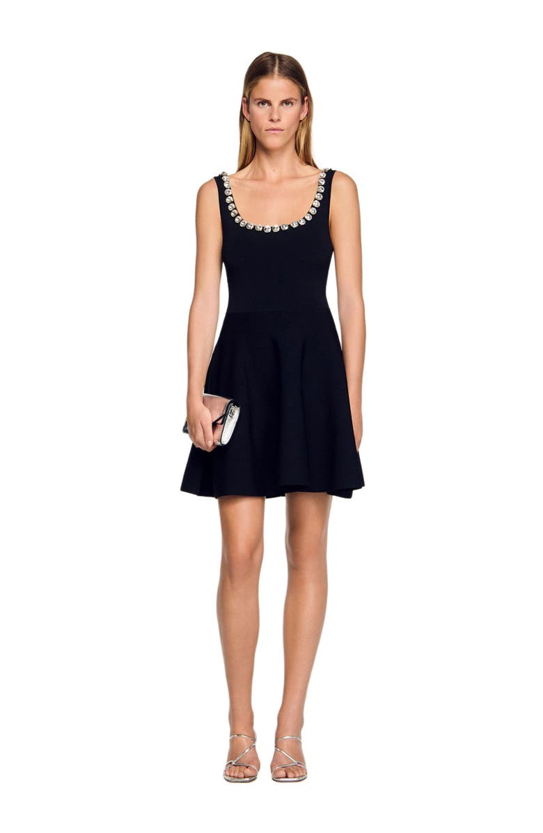 SANDRO Short dress with rhinestone neck, Alternate, color, Black