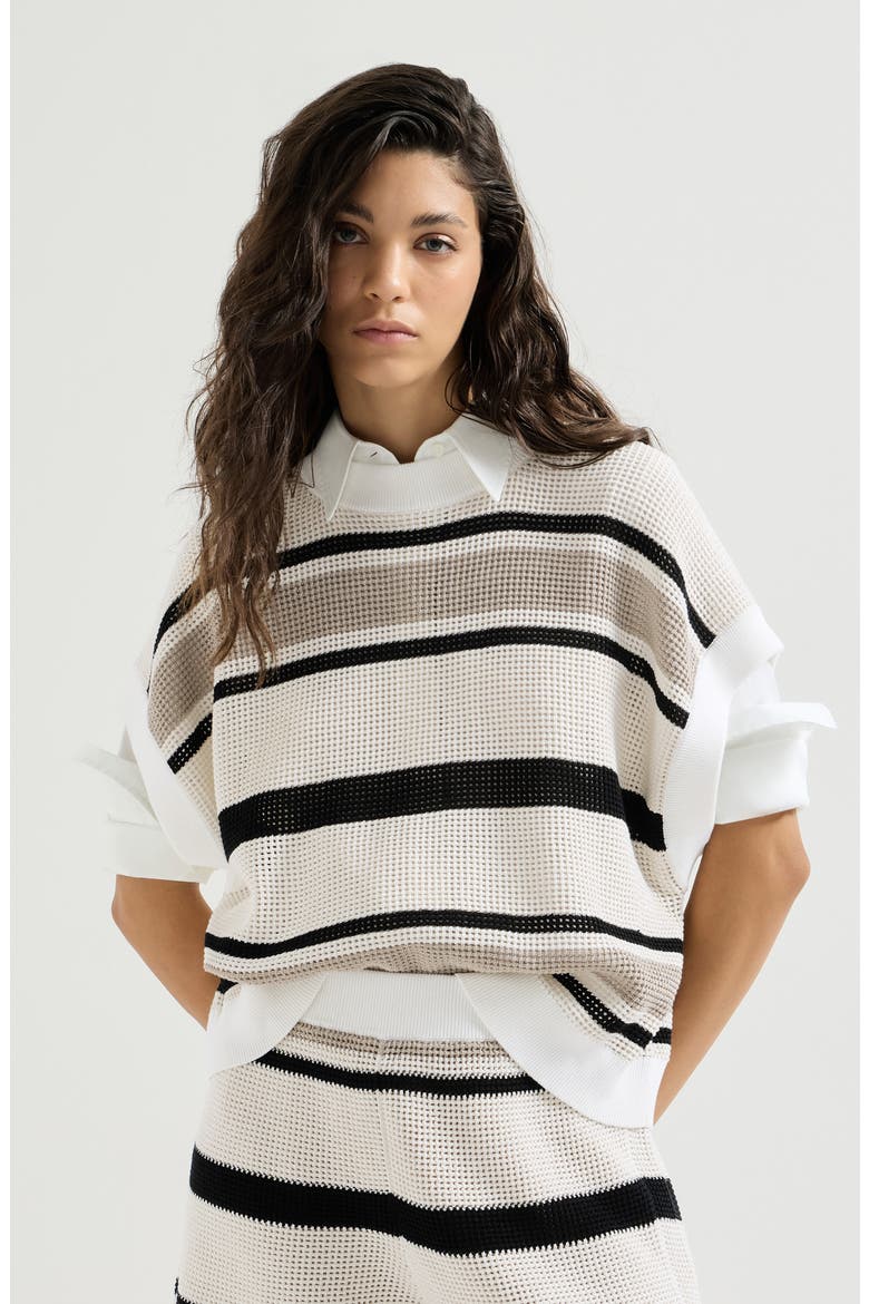 Cotton net knit T-shirt, Main, color, White