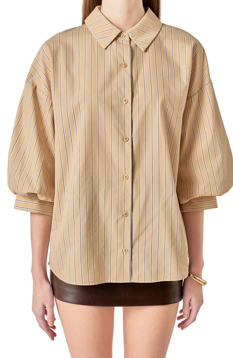 English Factory Stripe Balloon Sleeve Poplin Shirt, Alternate, color, Tan/ Blue Stripes