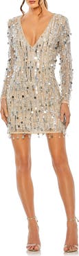 Mac Duggal Beaded Fringe Detail Dress with Plunging Neckline and Long Sleeves
