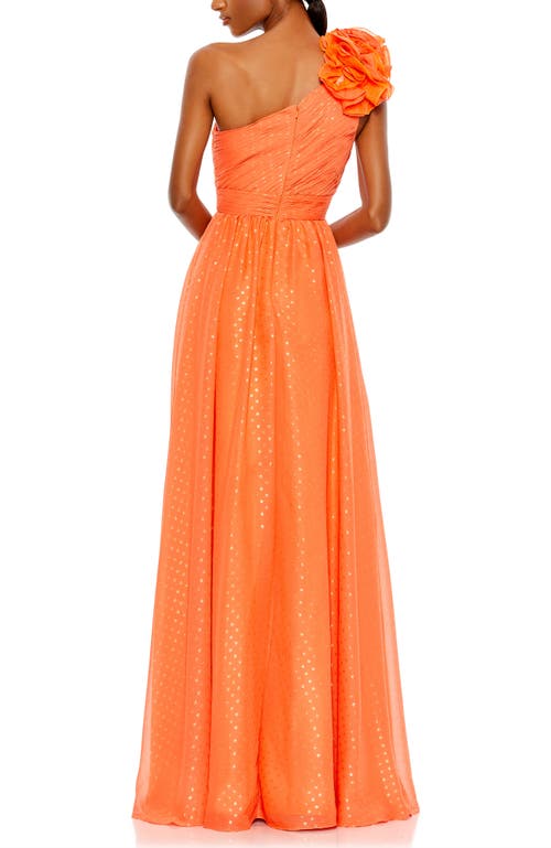 Mac Duggal Polka Dot Ruffled One Shoulder Gown In Tangerine