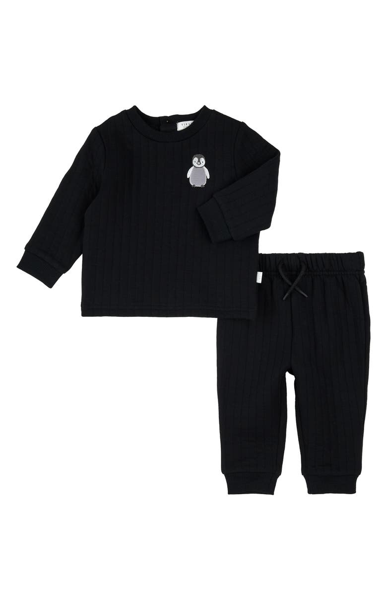 FIRSTS by Petit Lem Baby Penguin Rib Sweatshirt & Joggers Set, Main, color, Black