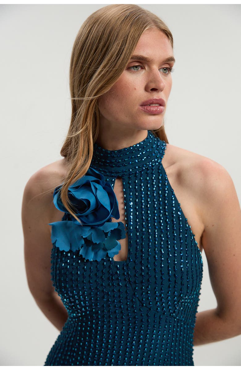 Karen Millen Petite Woven Maxi Rosette Dress, Alternate, color, Teal