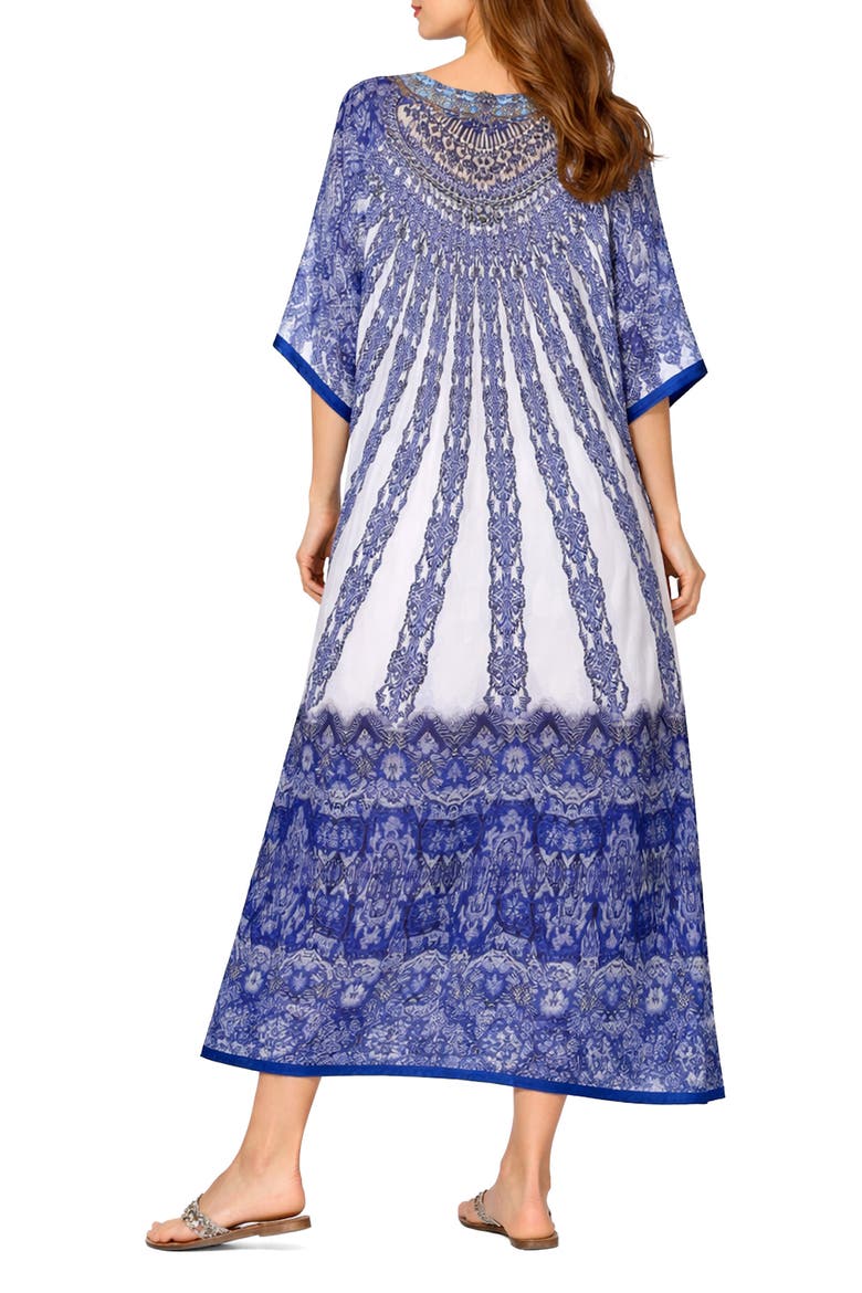 Filigree Print V-Neck Maxi Caftan, Alternate, color, BLUE