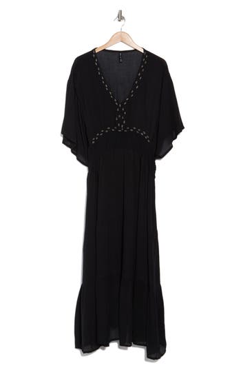 Boho Me Beaded Flutter Sleeve Maxi Dress In Black